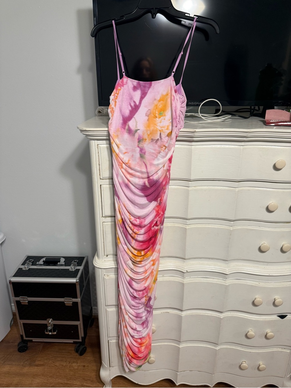 AFRM Pink Floral Ruched Maxi Slip Dress